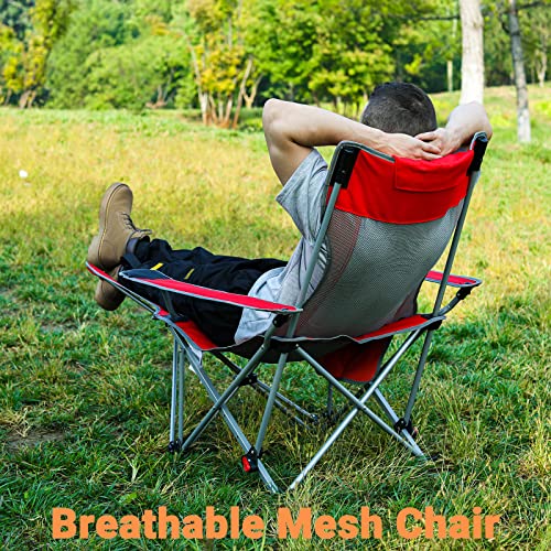 FUNDANGO 2-Pack Reclining Camping Chair with Foot Rest, Portable Mesh Folding Lounge Chairs, Adjustable Chaise Lawn Chair with Headrest, Cup Holder, Storage Bag, for Outdoor Picnics BBQ