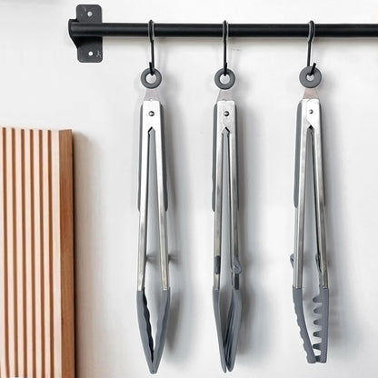 Kitchen Tongs, 12" Tongs for Cooking with Silicone Tips, Food Grade Small Silicone Tongs, 3 Types of Mini Serving Tongs for BBQ Salad, Grey