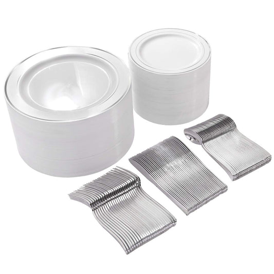 I00000 300 Pieces Silver Plastic Plates with Disposable Silverware, Fancy Tableware Sets include 60 Dinner Plates 10.25", 60 Salad Plates 7.5", 60 Forks, 60 Knives and 60 Spoons Serve for 60 Guest