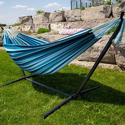 Vivere Double Cotton Hammock with Space Saving Steel Stand, Blue Lagoon (450 lb Capacity - Premium Carry Bag Included)