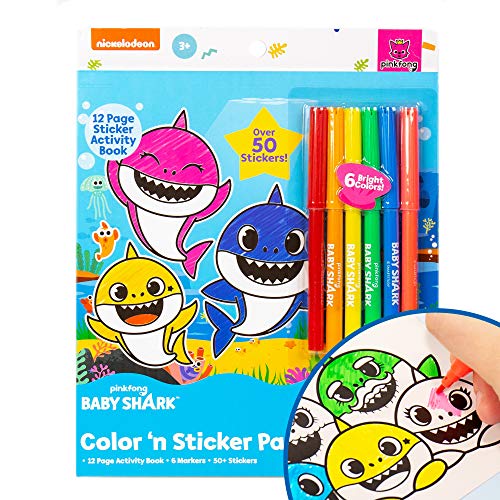 Baby Shark Color & Sticker Pad by Horizon Group USA, Coloring Book and Stickers, Includes Over 50 Stickers and a 12-Page Activity Book, Color Your Own Stickers with Markers, Toys (205224)