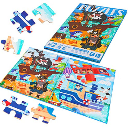 ZEYUSI Large Size Magnetic Puzzles for Kids Ages 3-5 Toys Gifts -84 Pieces Toddler Puzzles for 4-8 Year Old 2-in-1 Pirate Ship Jigsaw Puzzles Book-Travel Games and Travel Toys for Boys Girls