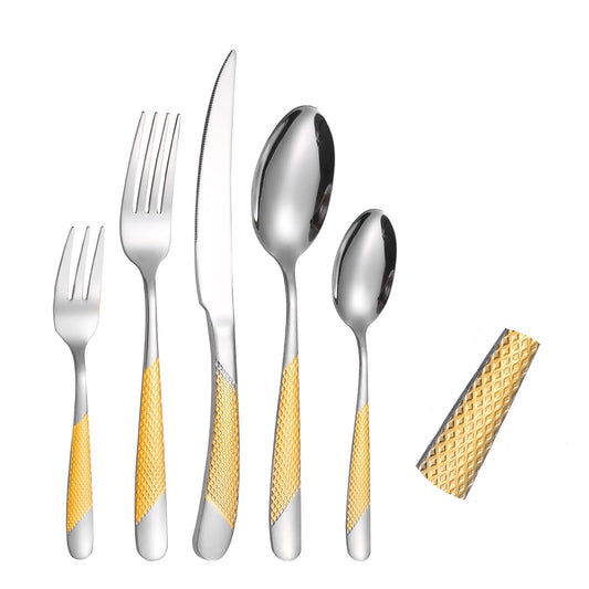 A·HOUSEWARE Hammered Silverware Set Gold and Silver 20 Pieces Stainless Steel Cutlery Flatware Sets for 4 Forks Spoons with Patten Handle Dishwasher Safe Heavy Duty