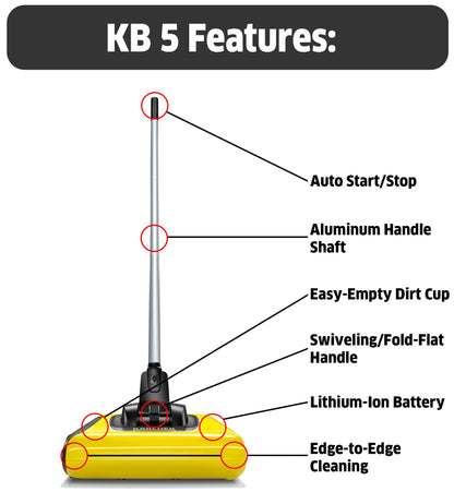 Kärcher - KB 5 Electric Floor Sweeper Broom - Multi-Surface - Lightweight and Cordless - Ideal for Fur, Hair, Dirt, & Debris - 8.25" Cleaning Width,Yellow