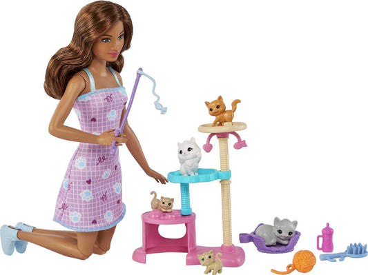 Barbie Kitty Condo Doll and Pets, Cat Tree Playset with 5 Kitten Figures & Accessories, Brunette Fashion Doll