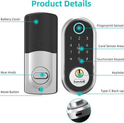 Security Smart Deadbolt, Hornbill Keyless Entry Door Lock with Biometric Fingerprint, Bluetooth Electronic Smart Lock with Keypad, App Control, Work with Alexa for Front Door, Bedroom, Apartment