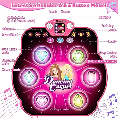 KIZJORYA Dance Mat for Kids, Upgraded Switchable 4 & 6 Button Mode Electronic Dance Pad with Bluetooth-9 Levels, Light Up Children Music Game Mat, Toys for Girls Boys Ages 3-12