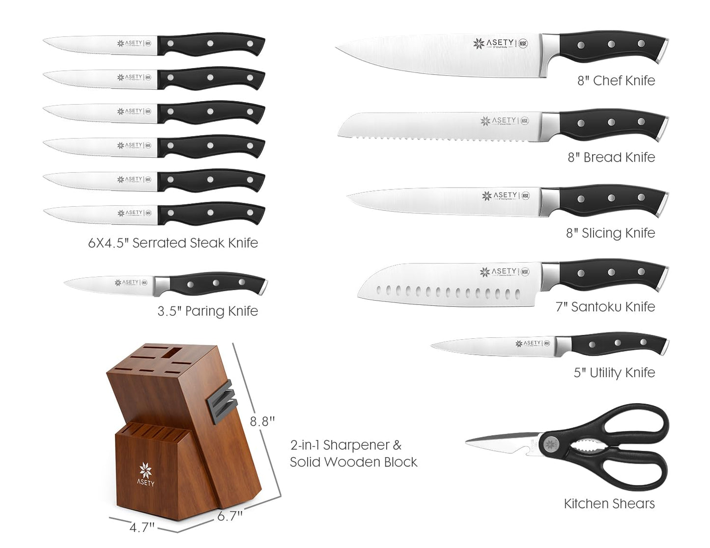 ASETY Knife Set, 15 PCS Kitchen Knife Set with Built-in Knife Sharpener Block, German Stainless Steel Knife Block Set, Full Tang Chef Knife Set, NSF Food Safe, Gift for Men I Women