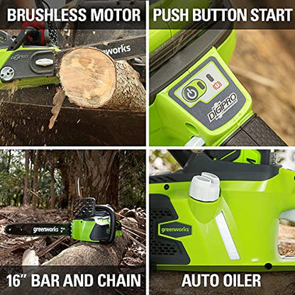 Greenworks 40V 16" Brushless Cordless Chainsaw (Great For Tree Felling, Limbing, Pruning, and Firewood / 75+ Compatible Tools), 4.0Ah Battery and Charger Included