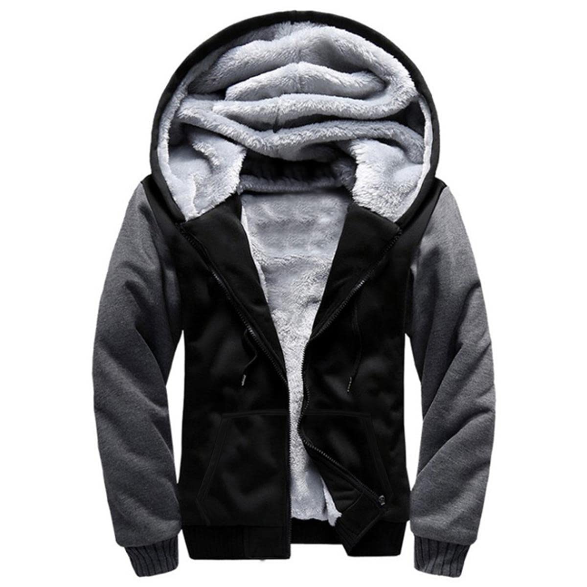 Hoodies for Men Full Zip Up Fleece Warm Jackets Thick Coats Heavyweight Sweatershirts Kangaroo Pockets Black/Grey L