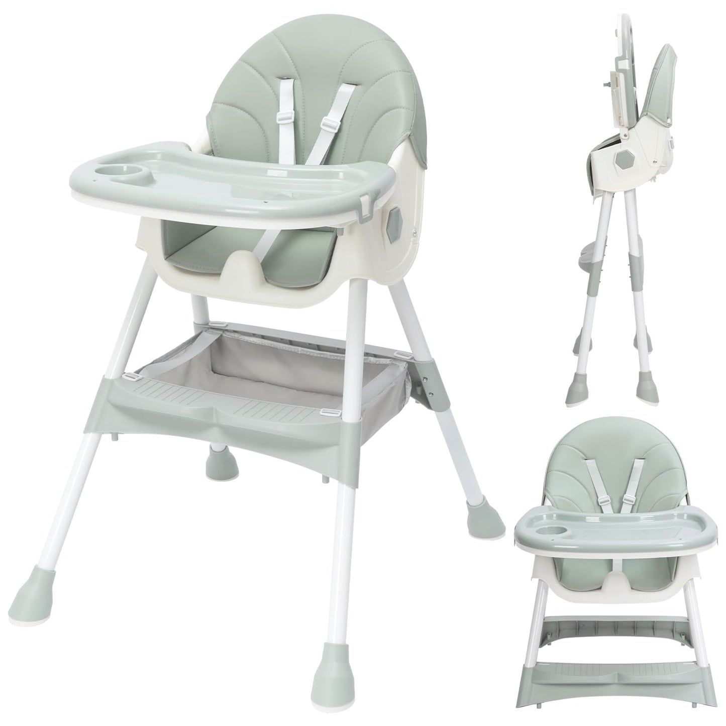 High Chair, MJKSARE Baby High Chair, High Chairs for Babies and Toddlers, Back & Height Adjustable, with Double Plate, Five Point Seat Belt, One Click Folding High Chair for Space Saving