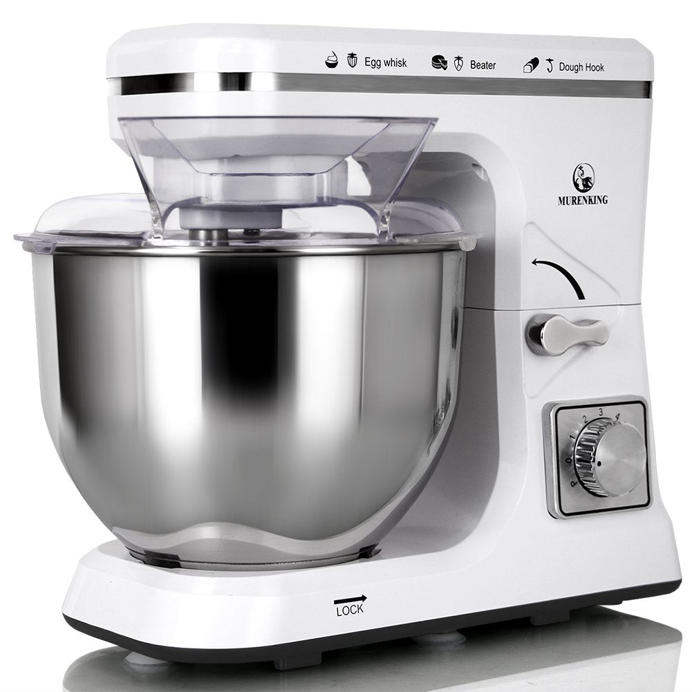 MURENKING Stand Mixer 5.3-Quart 500W,6+P Speed Tilt-Head Kitchen Electric Food Mixers Home Baking Dough Machine with Stainless Steel Bowl,Dough Hooks, Whisk, Beater, Pouring Shield (White)