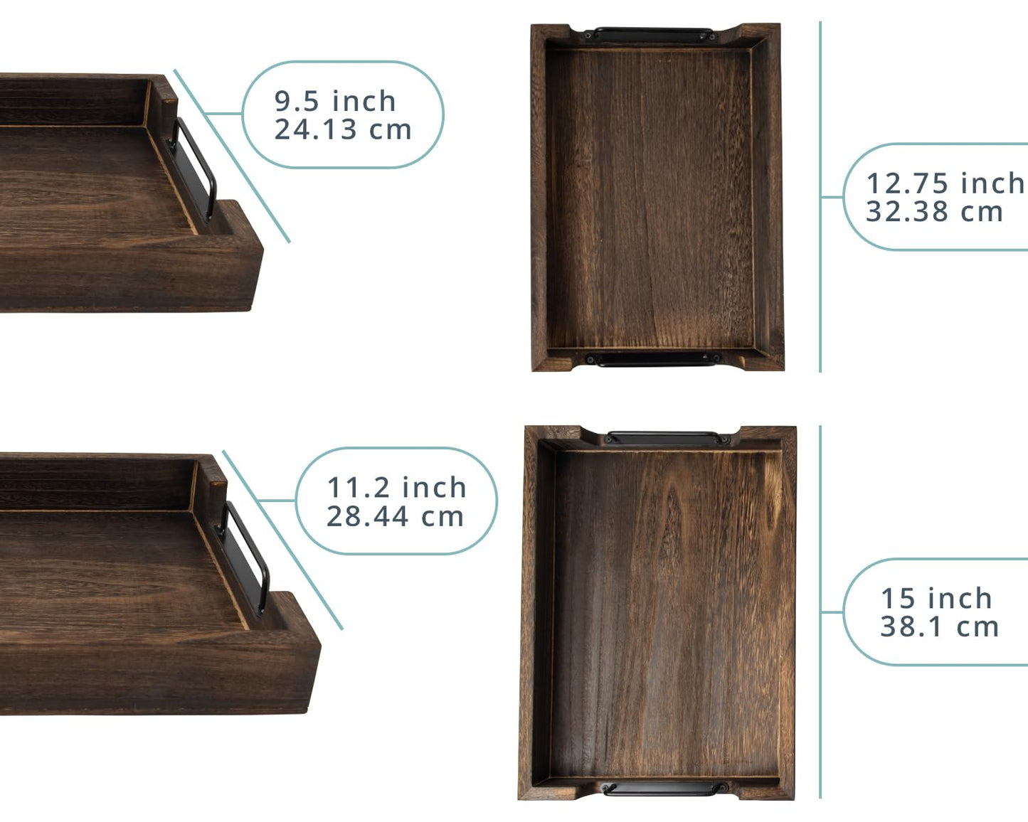 Rustic Wooden Serving Trays with Handle - Set of 2 - Large and Small, Nesting Multipurpose Trays - for Breakfast, Coffee Table/Butler & More - Rustic Brown