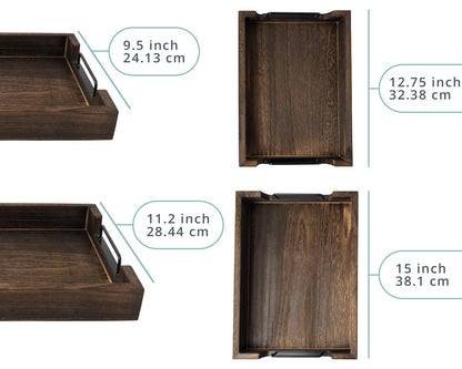 Rustic Wooden Serving Trays with Handle - Set of 2 - Large and Small, Nesting Multipurpose Trays - for Breakfast, Coffee Table/Butler & More - Rustic Brown