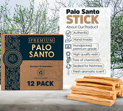 Ola Blue Palo Santo Sticks Premium Resin (12-Pack) Peruvian Authentic - substantially harvested Hand Picked Incense Sticks Energy Cleansing Smudging Sticks – Natural (Holy Wood)