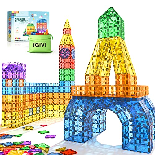 118-piece Magnetic Tiles Set, STEM Educational Building Blocks for Kids, Magnet Construction Toys for 3+ Year Old Boys & Girls, Ideal Toddler Toys for Birthday