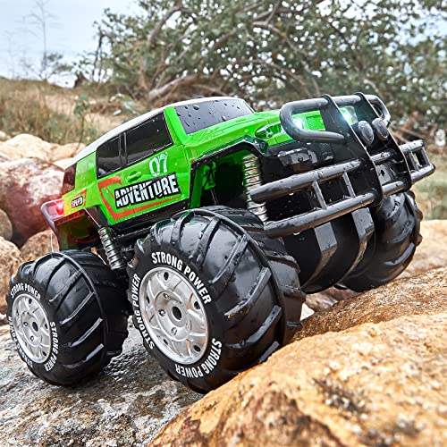Ruko 1601AMP2 Amphibious RC Truck, 1:10 Scale All Terrains 4WD RC Car, IPX6 Waterproof Monster Truck with Lights, 2 Rechargeable Batteries for 50min Play, Gifts for Kids (Green)