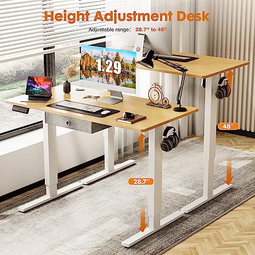 Sweetcrispy Electric Standing Desk Adjustable Height, 40 x 24 inch Stand up Sit Stand Desk with Drawers, Ergonomic Home Office Rising Table Computer Workstation Gaming Work Desk, Oak