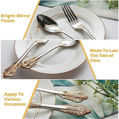 Runfly Gorgeous Baroque Silver Gold 18/10 Stainless Steel 20 Pieces Flatware Set, Anti-rust Stainless Steel Gold Cutlery Set Utensils Including Fork Spoon and Knife with Gift Box