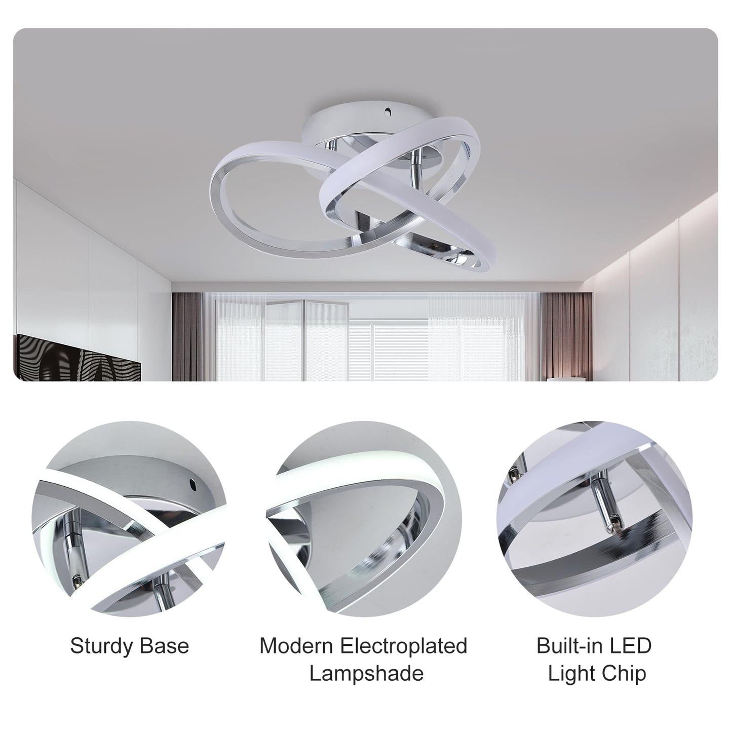 Garwarm Hallway Light,20W LED Ceiling Light,Semi Flush Mount Chandelier, Kitchen Led Lights Fixtures for Foryer Bedroom Garage Bathroom Balcony Corridor Stair Aisle Lamp，Chrome,6000K