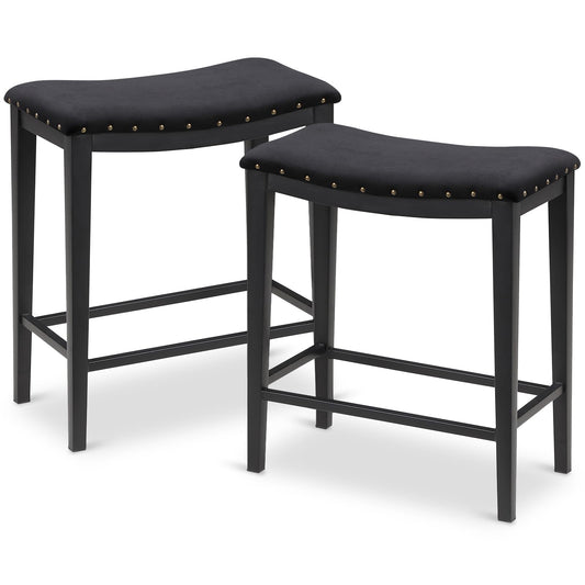 KATDANS Black Bar Stools Set of 2 Counter Height 24 Inches Backless Barstools for Kitchen Counter Modern Saddle Stools Velvet Nailhead Upholstered Stools, KS718PBK, 2Pcs