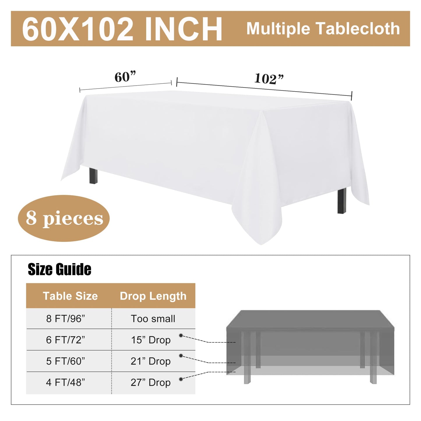 sancua 8 Pack White Tablecloth 60 x 102 Inch, Rectangle Table Cloth for 6 Feet Table - Stain and Wrinkle Resistant Washable Polyester Table Cover for Dining Table, Buffet Parties and Camping