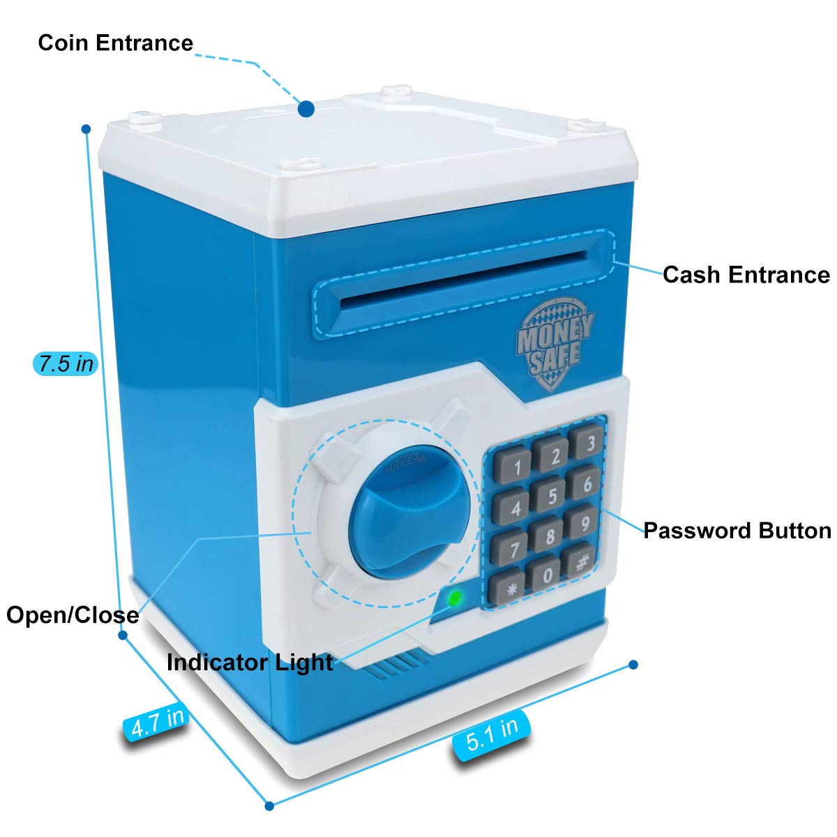 Qwifyu Piggy Bank for Boys Girls, 4 5 6 7 8 9 10 Year Old Girl Boy Birthday Gift Ideas, Electronic Password Money Saving Box ATM, Great Gift Safe Bank Toys for Kids (Blue White)