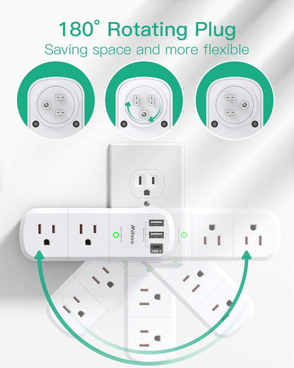 USB Outlet Extender Surge Protector - with Rotating Plug, 6 AC Multi Plug and 3 Ports (1 C), 1800 Joules, 3-Sided Swivel Power Strip Spaced Splitter for Home, Office, Travel