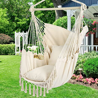 Y- STOP Hammock Chair Hanging Rope Swing, Max 500 Lbs, 2 Cushions Included, Large Macrame Hanging Chair with Pocket for Superior Comfort, with Hardware Kit (Beige)