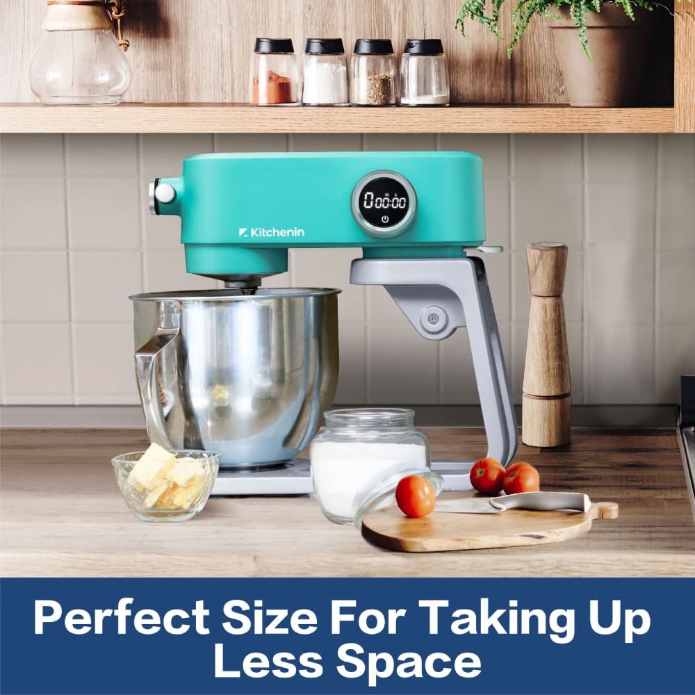 All Metal Stand Mixer,Kitchenin 5.3-Quart 8-Speeds Tilt-Head Food Mixer,400 Watt DC Motor Electric Stand Mixer with 12-Wire Whip,Flat Beater,Stainless Steel Dough Hook & Pouring Shield,Light Blue