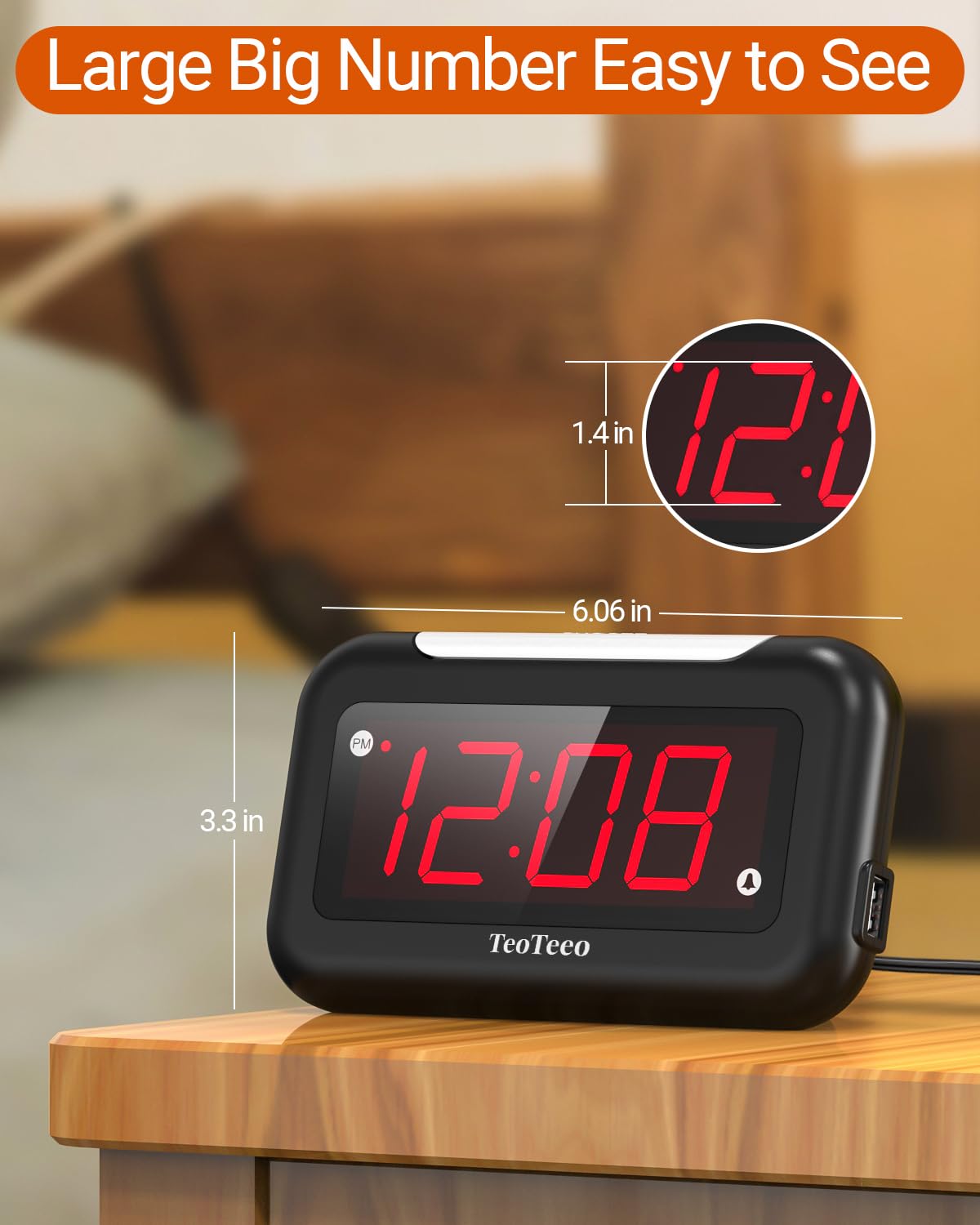 TeoTeeo Alarm Clock with Red Digits,3 Level NightLight Alarm Clocks for Bedrooms,Plug in Digital Clock with USB Charging Port,Adjustable Volume,Dimmable,Snooze,Alarm Clock for Kids