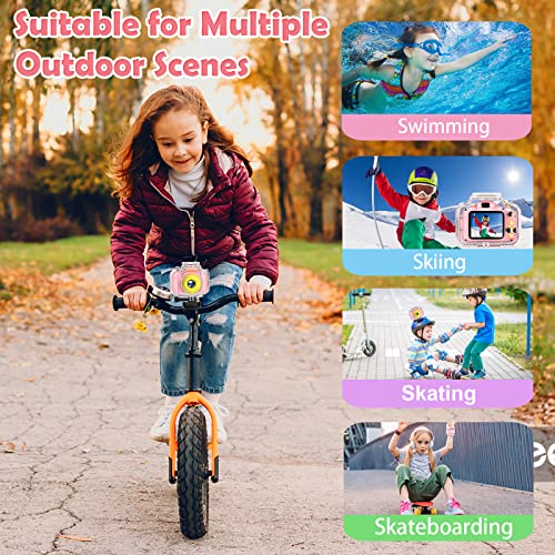 Miiulodi Kids Waterproof Camera - Birthday Gifts for 3 4 5 6 7 8 9 10 Year Old Girls 2 Inch IPS Screen Underwater Action Camera with 32 GB SD Card, Pool Toys for Kids Age 8-12 Pink