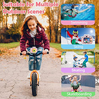 Miiulodi Kids Waterproof Camera - Birthday Gifts for 3 4 5 6 7 8 9 10 Year Old Girls 2 Inch IPS Screen Underwater Action Camera with 32 GB SD Card, Pool Toys for Kids Age 8-12 Pink