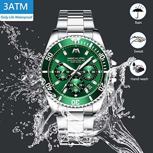 MEGALITH Mens Watches with Stainless Steel Waterproof Analog Quartz Fashion Business Chronograph Green Watch for Men, Auto Date