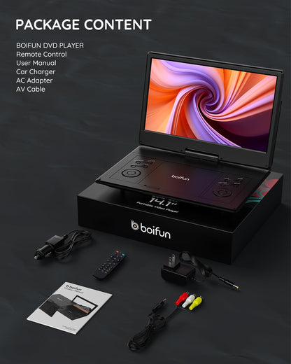 BOIFUN 15.7" Portable DVD Player with 14.1" Large HD Screen, 6 Hours Rechargeable Battery, Support USB,SD Card,Sync TV, FM Transmitter and Multiple Disc Formats, High Volume Speaker, Classic Black