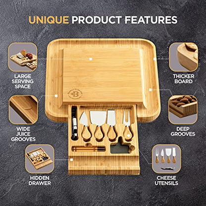 Bambüsi Cheese Board and Knife Set - Premium Bamboo Charcuterie Board Set & Cheese Board Accessories Set - Kitchen Wine & Meat Cheese Serving Platter Wood - Unique Wedding Gifts and Housewarming Gift