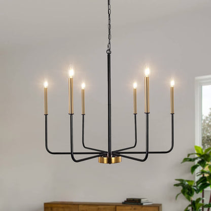 ETONIMERR Modern Farmhouse Chandelier Light Fixture Ceiling Hanging, 6-Light Black and Gold Industrial Chandelier for Dining Room, Rustic Candle Pendant Light for Kitchen Island, Living Room