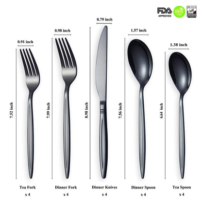 20 Piece Black Silverware Set, Stainless Steel Flatware Set, Titanium Black Cutlery Set, Service Set for 4 (Shiny Black)