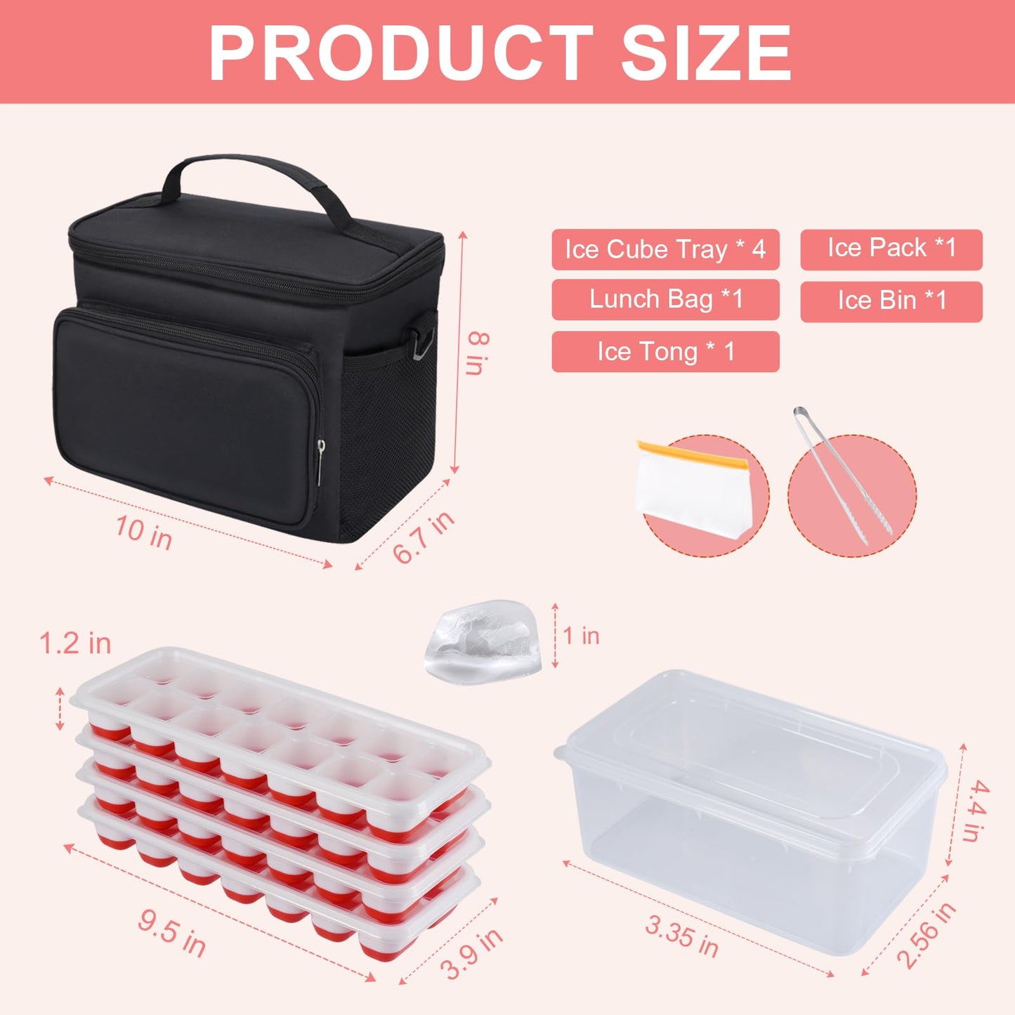 Aibirui Ice Cube Tray with Lid and Bin (14X4 Pcs), Silicone Ice Cube Trays for Freezer, Cooler Lunch Bag, Ice Cube Molds with Cooler Bag for Drinks, Ice Coffee, Outdoor Camping, Car, Beach (Red)