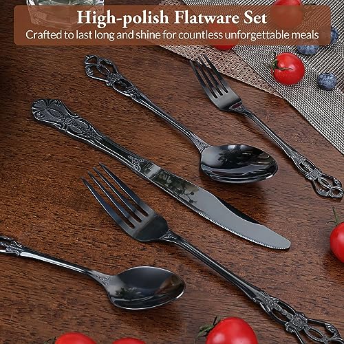 PUREAIN Black Silverware Set, 30 Pieces Retro Royal Silverware Set for 6, Anti-rust Stainless Steel Flatware Set Including Fork Spoon and Knife, Dishwasher Safe