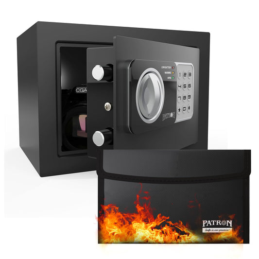 17NEF-FP PATRON Safe Box fireproof safe for home documents ，mini safe for money，coin safes with code，fire proof lock box for kids，Wall or Cabinet Safe for personal items，0.236 Cubic Feet Black