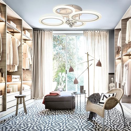 Modern Flush Mount Ceiling Light Fixture 4 Rings Crystal Chandeliers LED Ceiling Lights Dimmable Kitchen Light Fixtures White Bedroom Ceiling Lights for Living Room Hallway Entrance Office 25.8 Inch