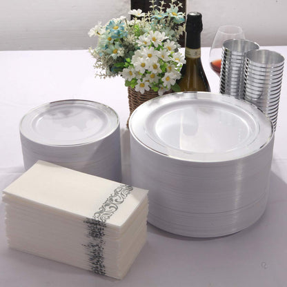I00000 300 Pieces Silver Plastic Plates with Disposable Silverware, Fancy Tableware Sets include 60 Dinner Plates 10.25", 60 Salad Plates 7.5", 60 Forks, 60 Knives and 60 Spoons Serve for 60 Guest