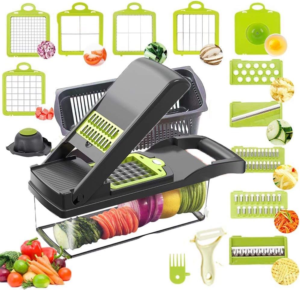 Vegetable Chopper Onion Chopper Dicer 15 in 1 Professional Mandoline Slicer for Kitchen, Multifunctional Food Chopper Cutter for Cucumber, Potato, Tomato, Veggie with 11 blades and Filter Basket