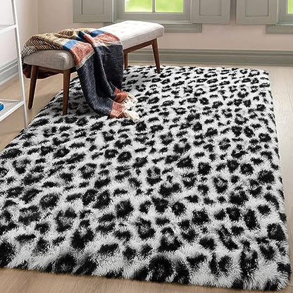 BENRON Fluffy Bedroom Rug Leopard Rug for Living Room Black and White Area Rug 4x6 Ft Cute Cheetah Print Rug for Kids Girls Boys Nursery Room Decor Alfombras para Salas