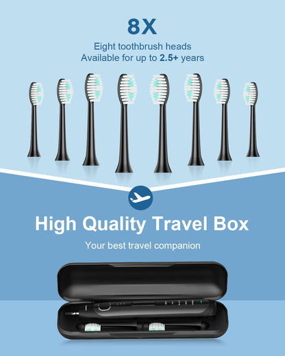 Electric Toothbrush for Adults and Kids Operan Sonic Rechargeable Toothbrush with 5 Modes 2-Min Smart Timer IPX7 Waterproof 40,000 VPM Motor with 8 Brush Heads & Travel Case Black