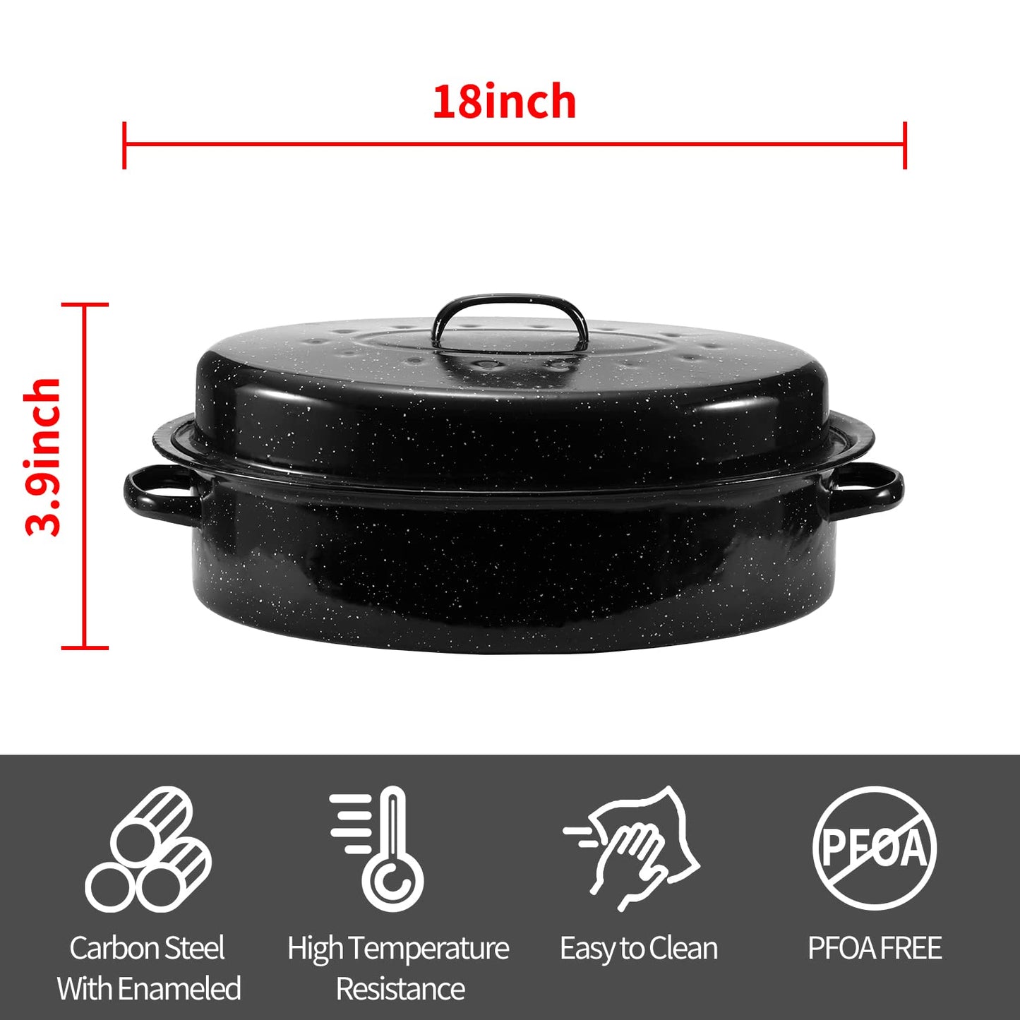 Granite Roasting Pan, 18” Enameled Roasting Pan with Domed Lid. Oval Turkey Roaster Pot, Broiler Pan Great for Turkey, Chicken, Lamb, Vegetable. Dishwasher Safe Cookware Fit for 18Lb Turkey by Kendane
