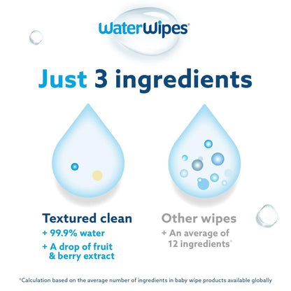 WaterWipes Plastic-Free Textured Clean, Toddler & Baby Wipes, 99.9% Water Based Wipes, Unscented & Hypoallergenic for Sensitive Skin, 540 Count (9 packs), Packaging May Vary