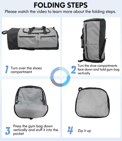 Gym Bag for Men Women, Foldable Travel Duffel Bags with Shoe Compartment & Wet Pocket, Lightweight Weekender Overnight Duffle Bag, Water Resistant Workout Sports Bag, Grey