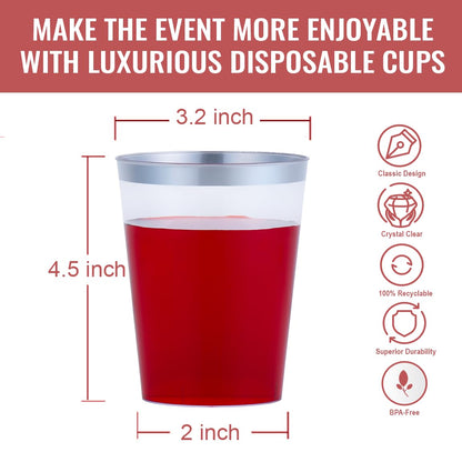 By Madee 200 Pack Silver Plastic Cups 12 oz | Silver Rimmed Plastic Cups for Party | Fancy Clear Disposable Cups for Party, Wedding and Special Gatherings (Heavyweight)